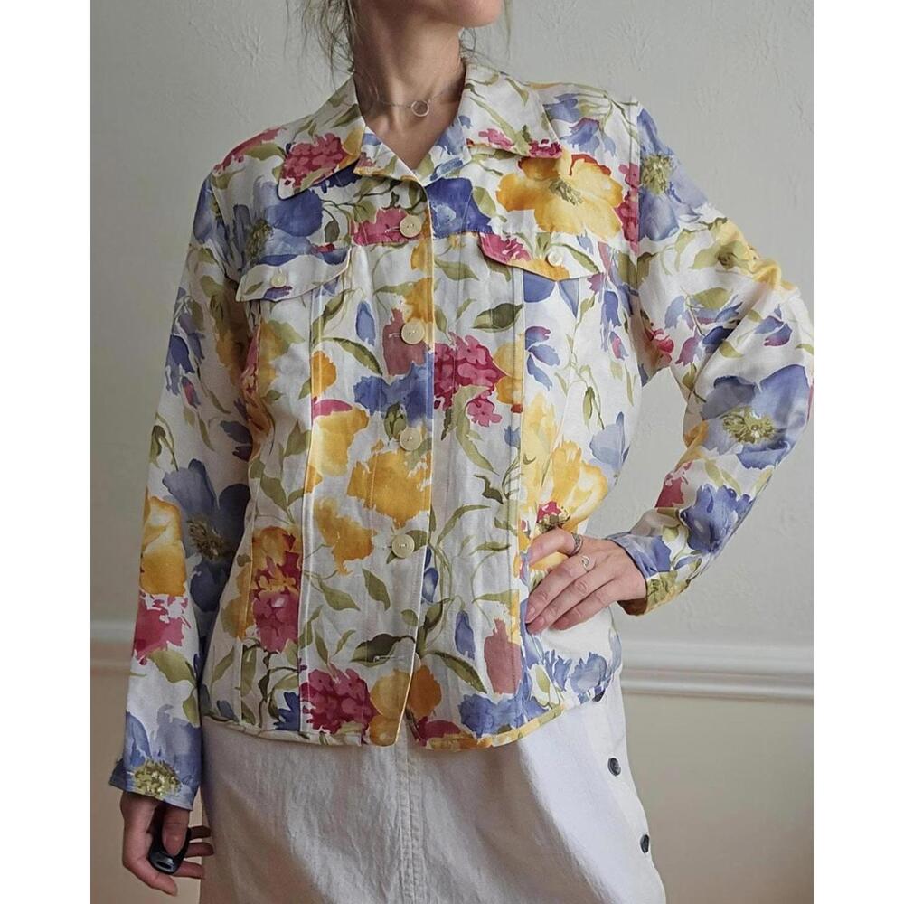 Vintage Floral Linen Blend Jacket: Lightweight Spring Blouse, Pockets